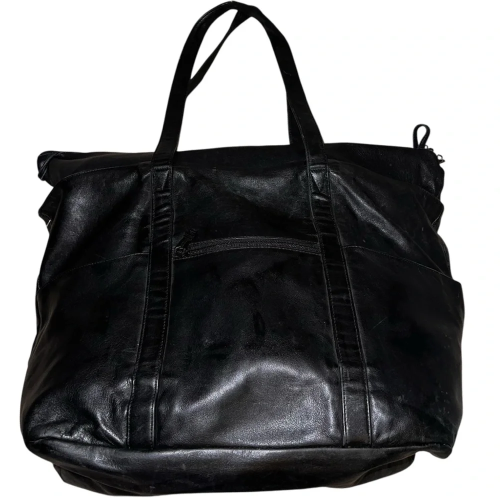 TUMI Black Leather Expandable Weekender Tote Duffel Bag
